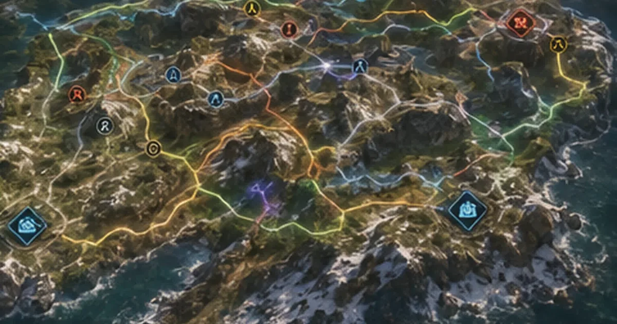A Break battlefield seen from above: two bases on facing spurs, a river valley between them, routes marked